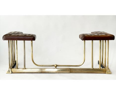 ADJUSTABLE CLUB FENDER, vintage buttoned leather seats raised upon gilt metal balustrade, 150cm W x 50cm H x 43cm D. 