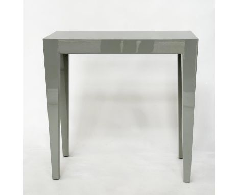 CONSOLE TABLE, light grey lacquered rectangular with tapering supports, 75cm w x 35cm D x 76cm H. 