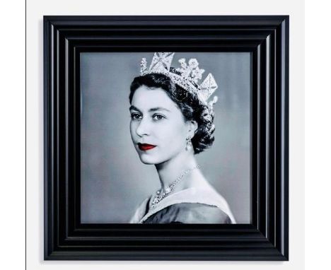 HM QUEEN ELIZABETH II, print, heightened with adornments, framed, 55cm H x 50cm W. 