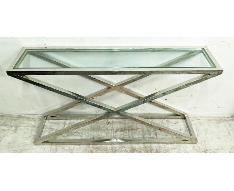 CONSOLE TABLE, X frame, polished metal, glass top, 130cm x 30cm x 72cm. 