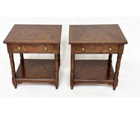 LAMP TABLES, a pair, George III style burr walnut and crossbanded each with drawer and undertier, 50cm W x 42cm D x 55cm H. (