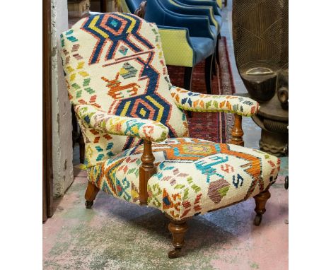 ARMCHAIR, 88cm H x 67cm W, Victorian walnut in kilim upholstery on ceramic castors, back leg stamped 3488. 