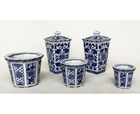 VASES, a graduated set of three Chinese blue and white ceramic octagonal facetted, largest 24cm W together with a similar pai