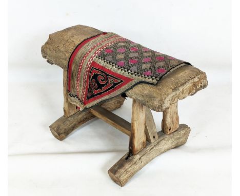 RUSTIC WOODEN STOOL, 60cm W x 43cm D x 48cm H, with vintage Chinese folk textile. 