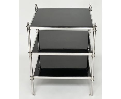 LAMP TABLE, square chromed metal with three glass shelves and finials, 55cm x 55cm x 69cm H. 