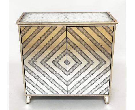 MIRROR CABINET, vintage style panelled with two chevron contrast doors, 90cm W x 45cm D x 86cm H. 