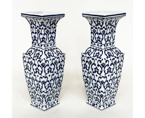 VASES, a pair, Chinese ceramic blue and white of facetted form and mosaic patterned, 40cm H. (2) 