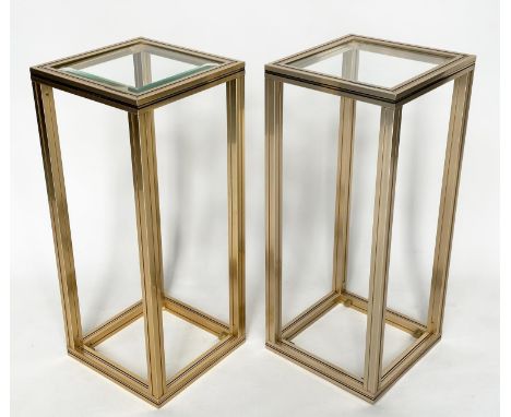 PIERRE VANDEL LAMP TABLES, a pair, gilt metal with two glazed tiers, 30cm x 30cm x 70cm H. (2) 