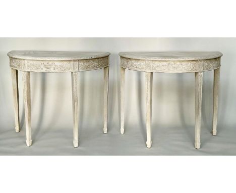 CONSOLE TABLES, a pair, George III design demi lune grey painted each with carved frieze and square tapering supports, 91cm W