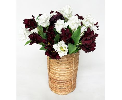 FAUX TULIPS DISPLAY, an arrangement of white and crimson tulips in cane bound planter, 90cm H. 