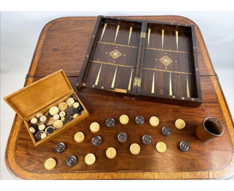 FOLDING CHESSBOARD AND BACKGAMMON BOX, rosewood and satinwood with marquetry inlay having accompanying boxed draught pieces, 