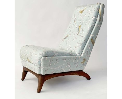 LOUNGE CHAIR, 1970s teak framed with Sanderson Duck egg blue 'finger' print fabric with button back, 50cm W. 