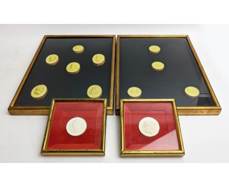 A COLLECTION OF PLASTER INTAGLIO PORTRAIT ROUNDELS, mounted and framed. 