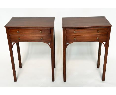 LAMP TABLES, a pair, George III figured mahogany and satinwood banded each with two drawers, 50cm x 33cm x 70cm H. (2) 