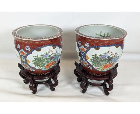 BOWLS ON STANDS, a pair, Chinese ceramic, each 41cm x 56cm H including stands. (2) 