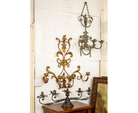 WALL LIGHT, 66cm H c 67cm W gilt metal, another 73cm H x 42cm W and a candelabrum 19cm x 80cm W. (3) 