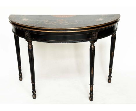 CONSOLE TABLE, demi lune black lacquered and gilt decorated with polychrome top and fluted tapering supports, 120cm W x 89cm 