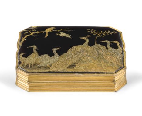 A gilt-metal mounted lacquer, pique and tortoiseshell snuff box, early 19th century, the cover decorated with peacocks and ot