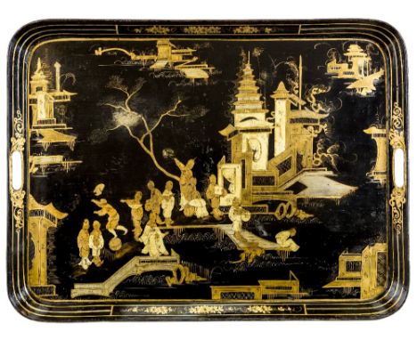 A large black and gilt Chinoiserie tole tray, early 20th century, of rectangular form, decorated with figures within a landsc