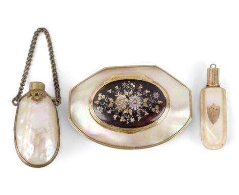 An oval gilt-metal mounted mother-of-pearl snuff box, 19th century, the hinged tortoiseshell cover with white metal and gilt 