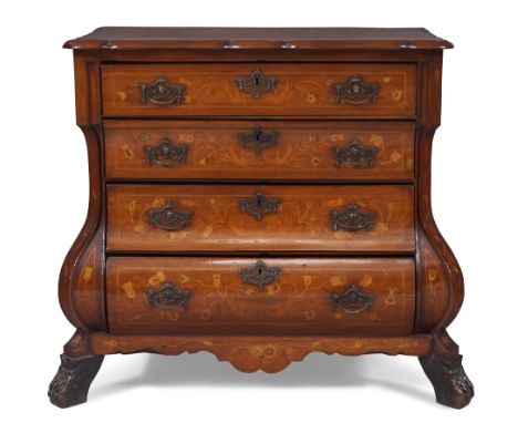 A Dutch marquetry inlaid bombe commode, early 19th century, the shaped top inlaid with flowers, above four drawers, raised on
