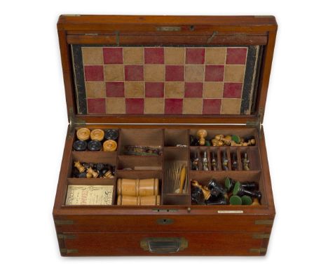 AMENDMENT: Please note, the chess pieces are Staunton pattern but not stamped for Jaques London.A Victorian brass-bound mahog