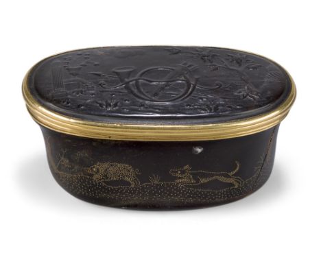 A Continental tortoiseshell and pique work snuff box, early 19th century, of oval form the pressed cover centred by hunting t