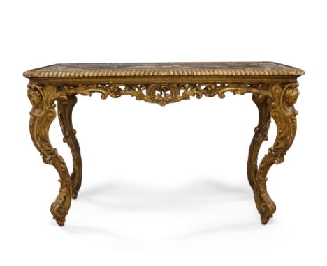 An Italian 'Grand tour' style gilt wood and inlaid slate centre table, mid 19th century, the inlaid slate top depicting fruit