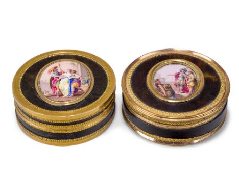 A French yellow metal mounted tortoiseshell snuff box, 19th century, of circular form, the cover inset with an oval enamel mi