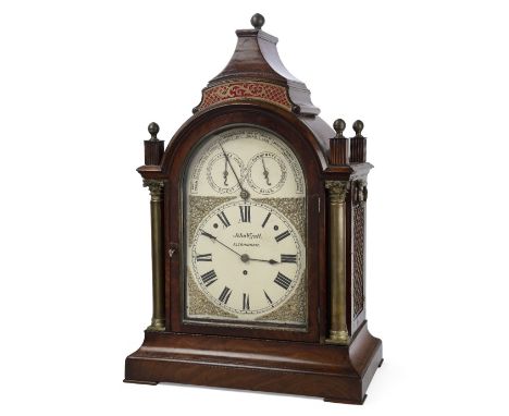 A George III brass mounted mahogany musical bracket clock, the architectural case with moulded top with brass ball finials ab