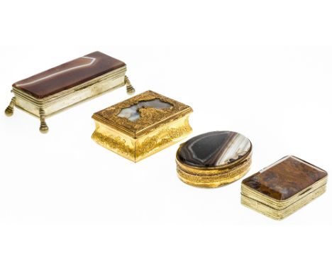 A group of four brass-mounted agate boxes, late 19th century/early 20th century, comprising: a French snuff box, the cover in