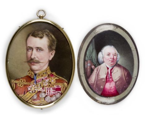 A Victorian enamel portrait miniature of a highly decorated military officer, c.1860, depicted wearing the Indian Mutiny meda