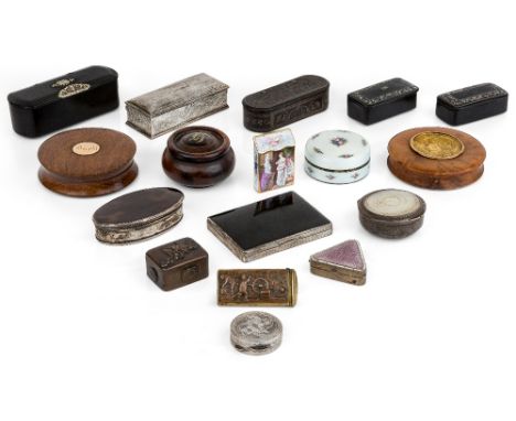 A collection of snuff boxes, vesta cases and cigarette boxes, 19th/early 20th century, comprising: an Asprey silver-mounted e