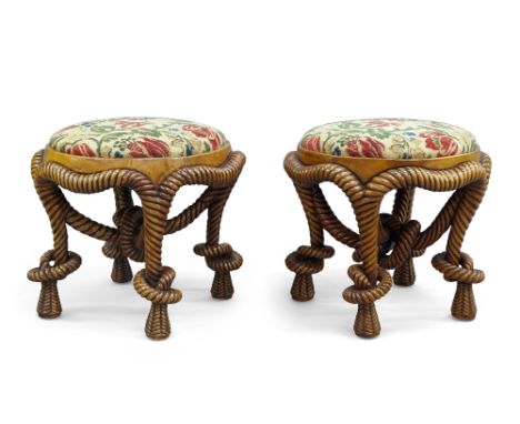 A pair of Napoleon III style walnut rope twist stools, 20th century, with floral tapestry upholstered drop in seats, 48cm hig