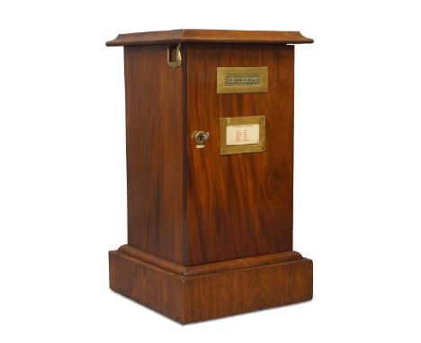 A large Victorian mahogany letter box, late 19th century, with brass mounted for LETTERS and collection times, on plinth base