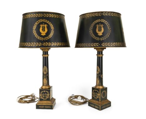 A pair of modern large tole piente table lamps, each of column form on a square-section plinth and stepped base, decorated wi