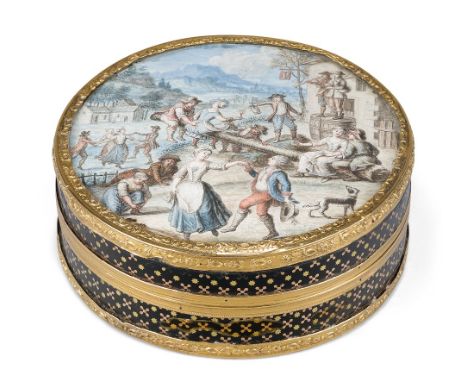 A French gold-mounted and pique snuff box, late 18th century, the cover inset with a watercolour of villagers dancing outside