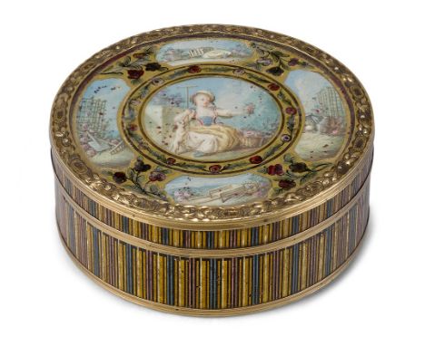 A Continental gilt-metal mounted tortoiseshell snuff box, early 19th century, of circular form painted with polychrome stripe