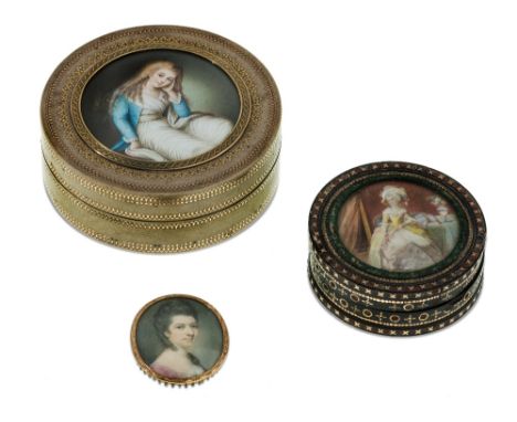 A George III lacquer and pique box, late 18th century, the cover inset with a portrait miniature on ivory with a seated lady 