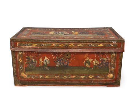 A leather clad camphor wood trunk, 19th century, hand painted with Chinese figures within floral border, brass bound and with