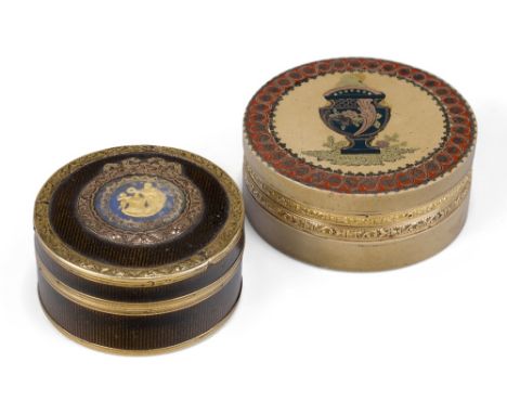 A George III lacquer and pique work snuff box, c.1780, the cover inset with an interlacing border centred by a classical urn,