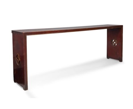 A Chinese lacquered console table, 20th century, the plank top raised on side panels with central carved and pierced design, 