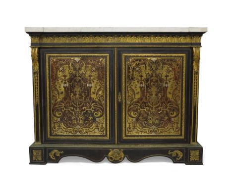 A Napoleon III ebonised boulle cabinet, 19th century, ormolu mounted, marble top above two boulle cupboard doors, enclosing s