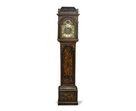 A black japanned eight day longcase clock, by Nathaniel Gray, London, mid 18th century and later, the case with caddy top abo