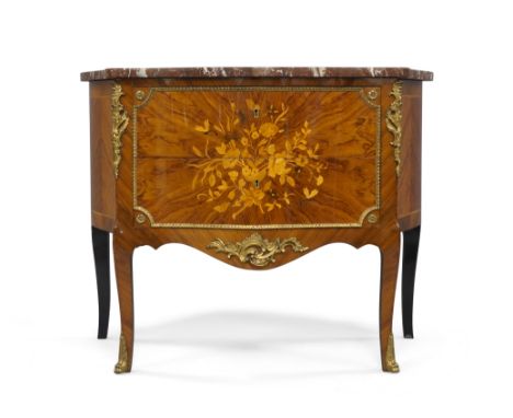A French king wood serpentine front commode, late 20th century, the marble top above two drawers with marquetry inlay, having