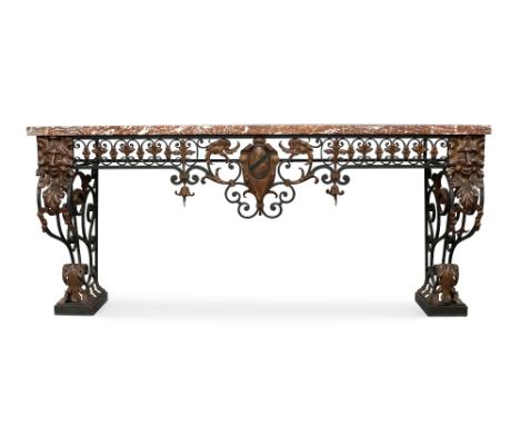 A wrought and cast iron console table, 20th century, with mottled liver marble top, pierced frieze with confronting c-scrolls