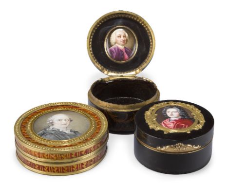 A French gilt-metal mounted decorated circular snuff box, c.1800, the cover inset with a watercolour portrait miniature of a 