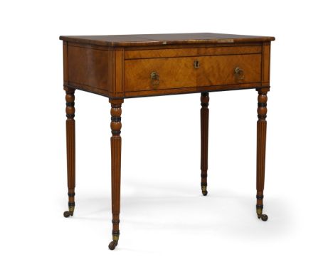 A George III satinwood secretaire games table, ebony strung with walnut crossbanding, the top with central sliding panel, enc