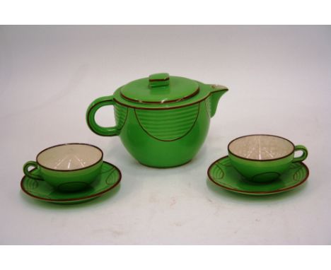 An Art Deco Verrazuk part tea service, comprising teapot, sugar bowl, milk jug, 11 cups and saucers