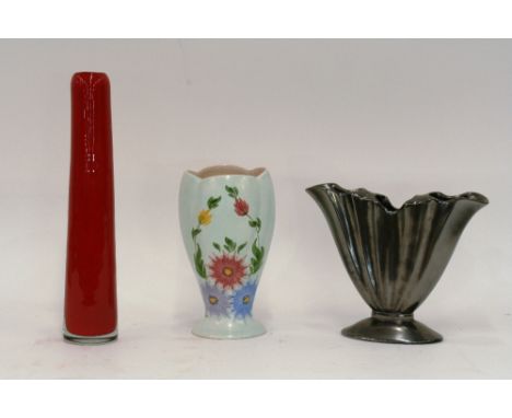 A Henry Dean red Art glass vase, 32cm; a Beswick lustre vase, 18cm; and an Elizabeth Radford floral decorated vase, 20cm, (3)